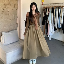 【送披肩+皮带】复古气质长袖连衣裙女装春秋设计感长袖时尚A字裙