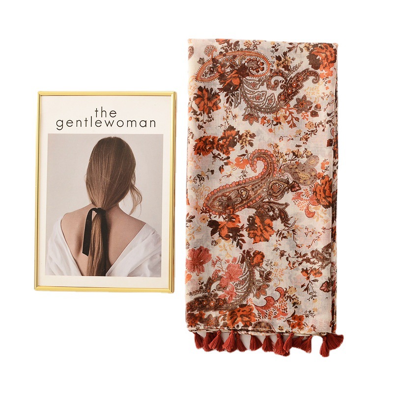 Estilo étnico vintage hilo de seda algodón y lino sensación bufanda anacardo impreso bufanda grande viajes protector solar chal toalla de playa