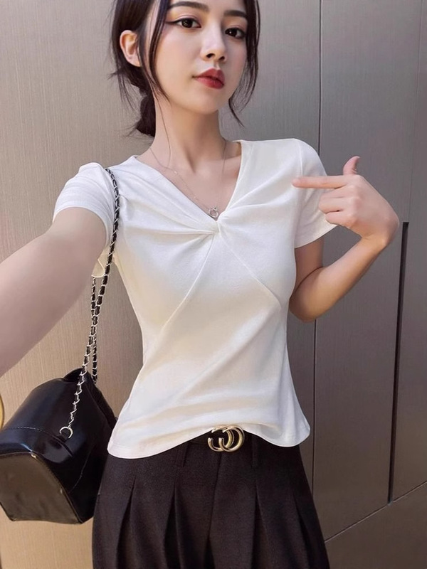 卸売ハイエンドシャツレディースVネック半袖Tシャツ夏純粋な欲望ツイストデザイン右肩スリムフィットトップ|undefined