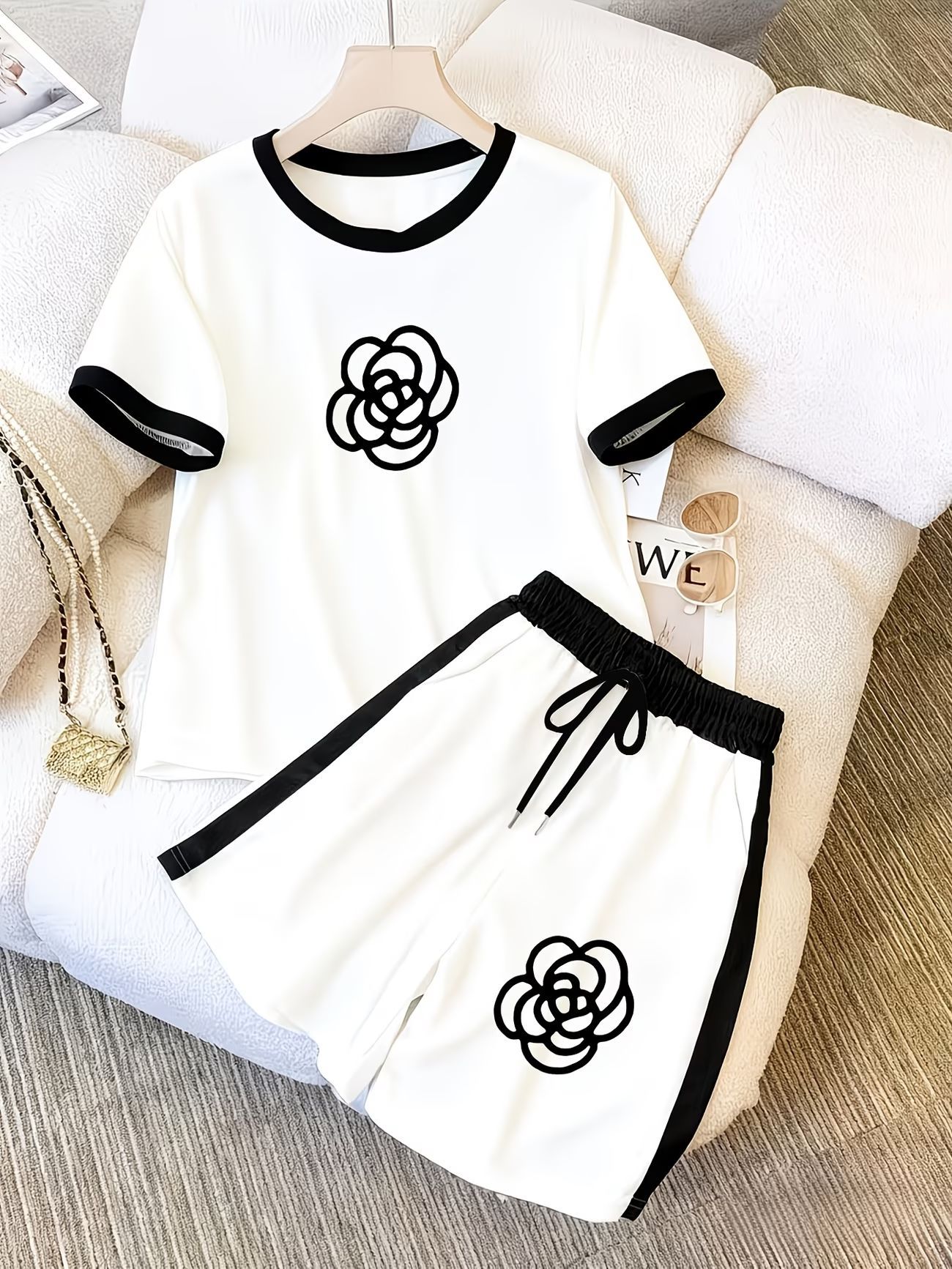 Damen Luxus Kurzarm Set Mit Druck Und Farbblock Für Den Sommer_voghion.com