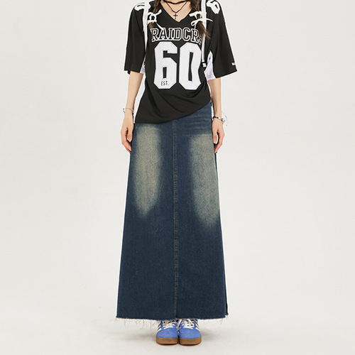 2407 Design Style Versatile Denim Skirt Women's Spring Summer Design Style Niche Hemline Mid-length Skirt