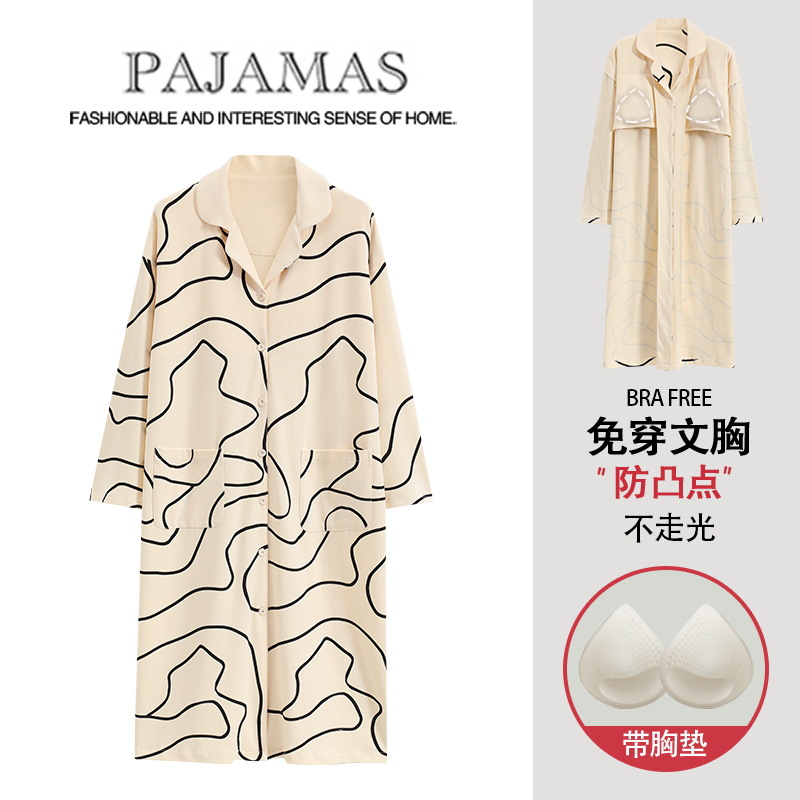 [Customized] pijama con cojín de pecho para mujeres de otoño de algodón Cardigan de manga larga pijama de mujeres primavera y otoño algodón suelto