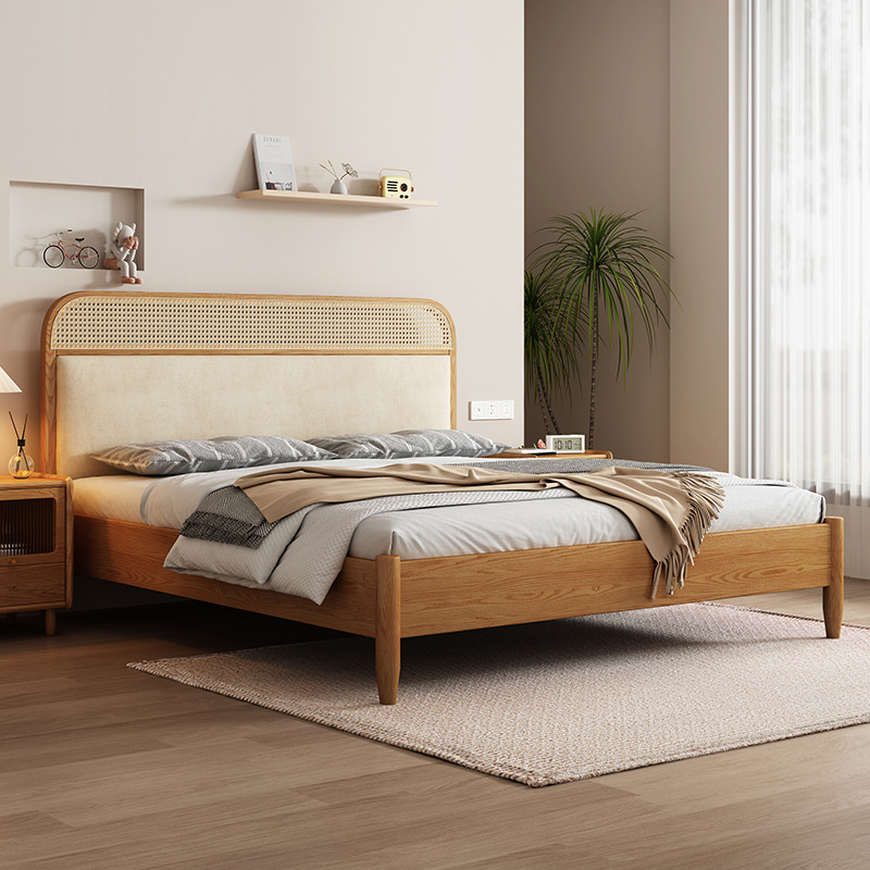 Cama de ratán nórdico cama de madera maciza 1,8 m bolsa suave estilo silencioso madera de Fresno dormitorio principal pequeño apartamento moderno simple cama de madera maciza