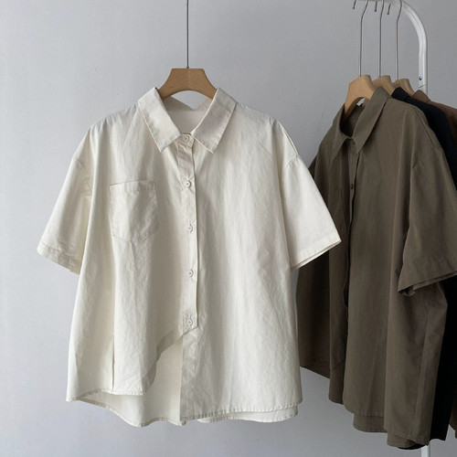 Vintage loose cotton-linen short-sleeve mens shirt, simple collar, outerwear, breathable, sweat-absorbent, half-sleeve top.