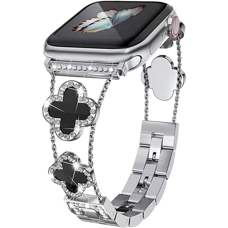Apto para Apple Watch Apple Watch Correa de metal de trébol de cuatro hojas de diamantes de moda de SE1-10 generación
