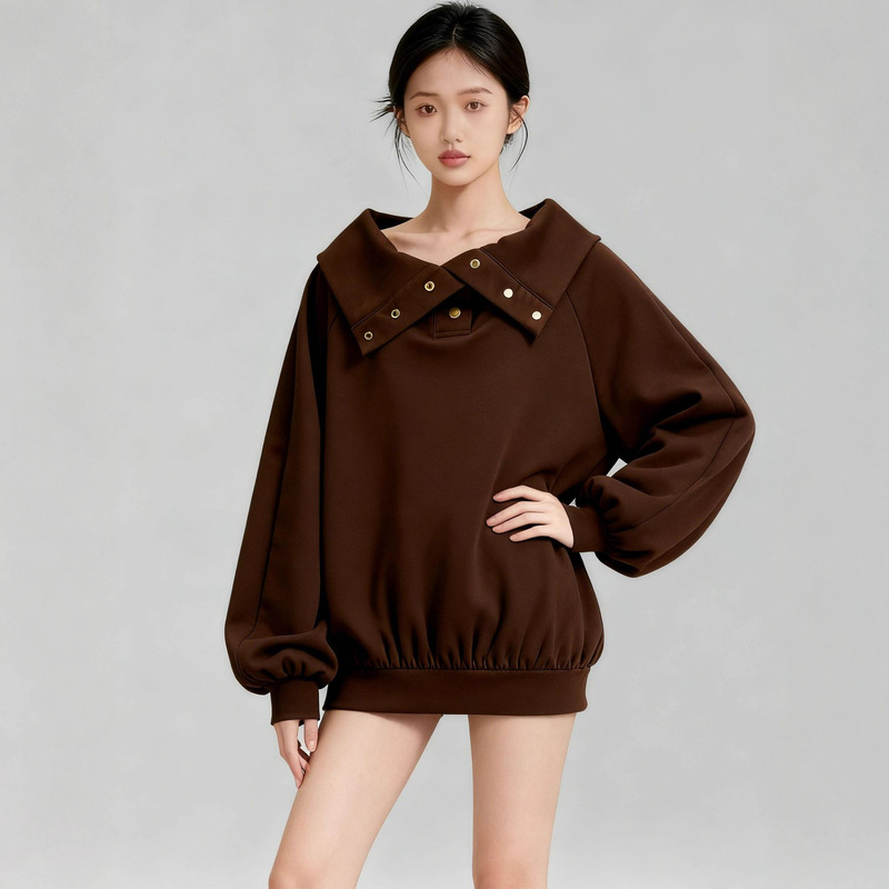 Customized Spring and Autum New Style Brown Large Lapel Sweatshirt for Women with Metal Buttons, Puff Sleeves, Waist Design and Versatile Tops
