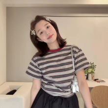 现货韩国东大门韩代同款复古韩系条纹短袖上衣女宽松休闲上衣T恤