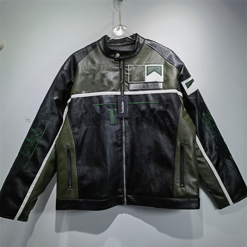 跨境美潮原创设计加工美式宽松版型皮衣机车服重工刺绣男女同款潮|undefined