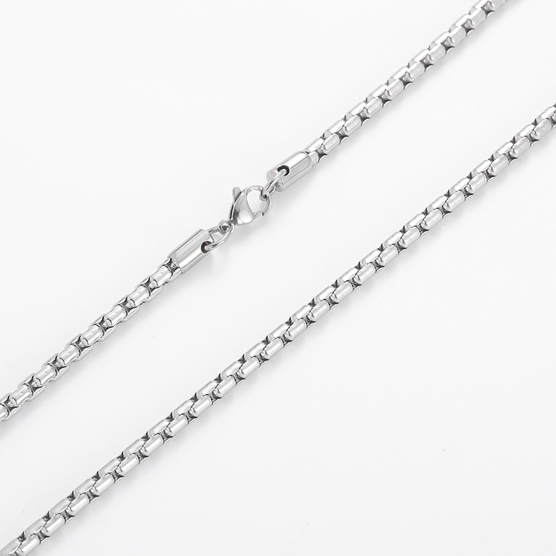 European and American simple long box round encryption square pearl chain stainless steel men's necklace personality pendant chain spot