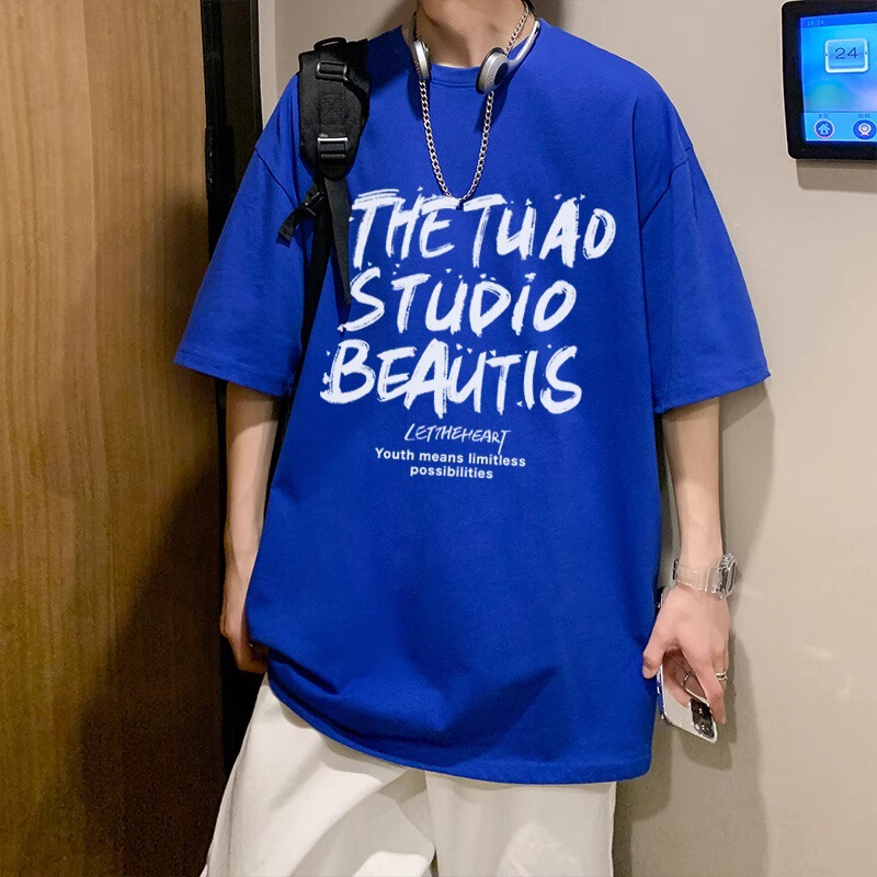 潮牌純綿アルファベット半袖tシャツ男性夏のゆるいtシャツごろつきイケメンカップル上着丸襟tシャツ|undefined
