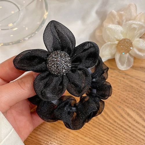 Fabric hair accessories, two lightweight luxury net mesh shiny water bead sunflower hair clips, ponytail hair ties, round hair clips summer