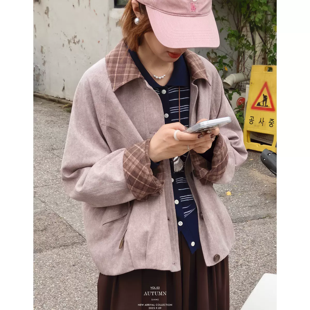 「白描工作间」"帕斯托信箱"巴恩风格纹撞色领秋季工装夹克短外套