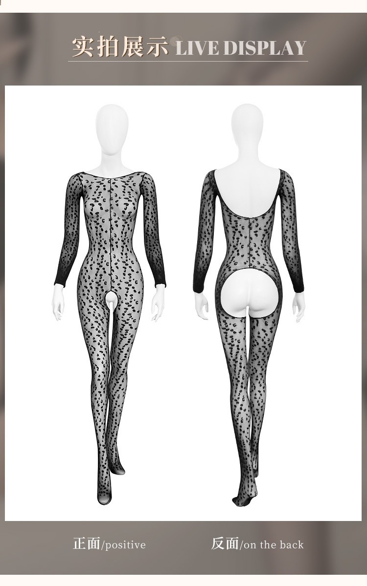 Leopard Print Open-Crotch Bodysuit with Stockings and Nipple Covers, One Size — detail image 21