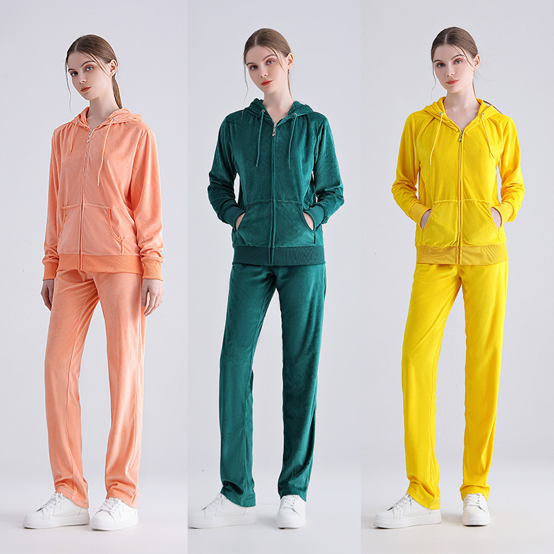 Cross-Border New Velvet Sports Suit Classic Solid Color Straight Pants with Back Pocket Large Size Casual Two-Piece Set