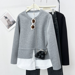 2025 Spring 100kg Fat Sister New Casual Patchwork Fake Two-Piece Sweatshirt Women's Round Neck Top 6142