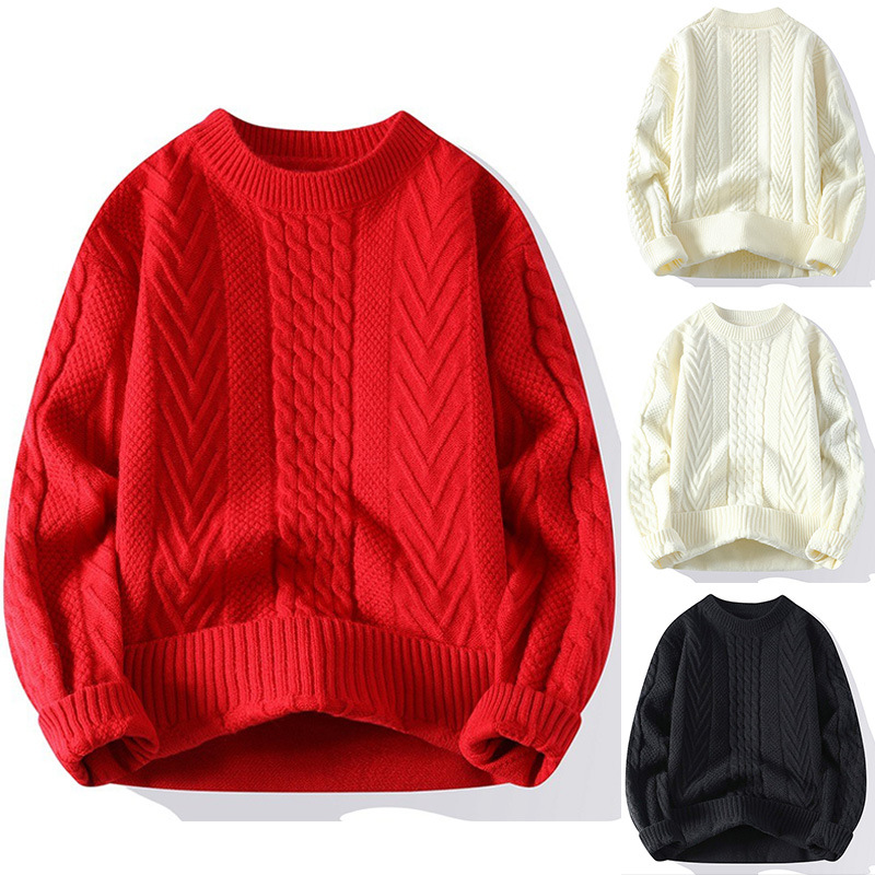 Suéter de cuello redondo de color sólido para hombres texturas de torsión en la camisa de base de invierno y otoño caliente comercio exterior al por mayor transfronterizo image 1