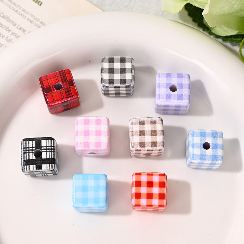 14mm Plaid Square Printed Beads DIY Handmade Beading Phone Keychain Accessories Loose Beads Wholesale 14mm Plaid Square Printed Beads DIY Handmade Beading Phone Keychain Accessories Loose Beads Wholesale