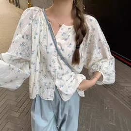 秋款小清新碎花长袖衬衫小个子宽松显瘦圆领甜美少女高级感雪纺衫