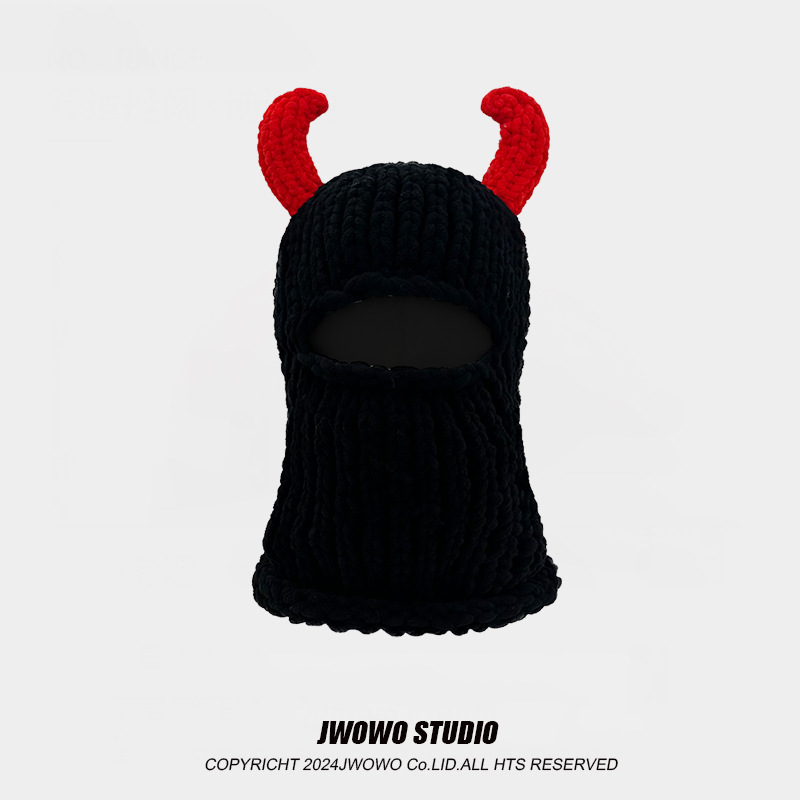 Little Devil Horns Smešna maska Pulover Kapa Moška in ženska Jesenska in zimska topla zaščita za ušesa Integrirana kapa Debela volnena pletena kapa_voghion.com