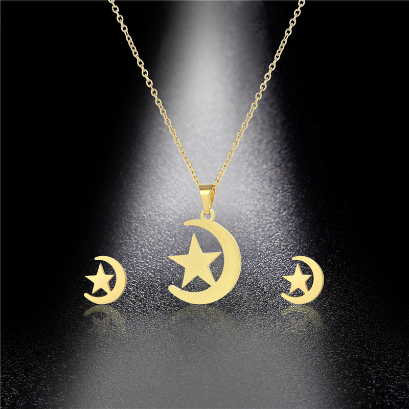 new star necklace earrings set stainless steel star and moon 18K gold-plated two-piece jewelry