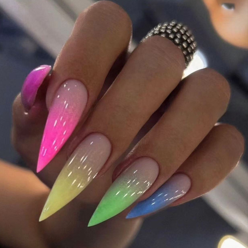 Rainbow color jump color gradient long pointed pressure nail piece Y2K style foreign trade false nail nail nail wear nail piece
