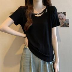 大きいサイズのvネックの肩の半袖のtシャツの女性の2025年の夏の新型の小さい太ったmmはやせているように見えます。