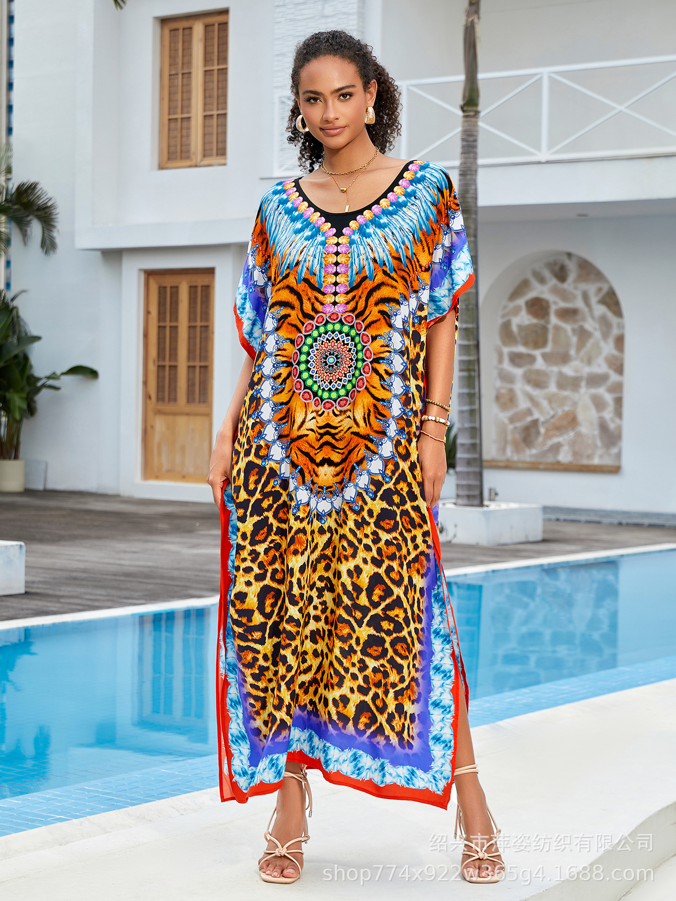 Camiseta de playa de algodón impresa bohemia vestido de manga de murciélago vestido bikini camiseta protector solar AT669