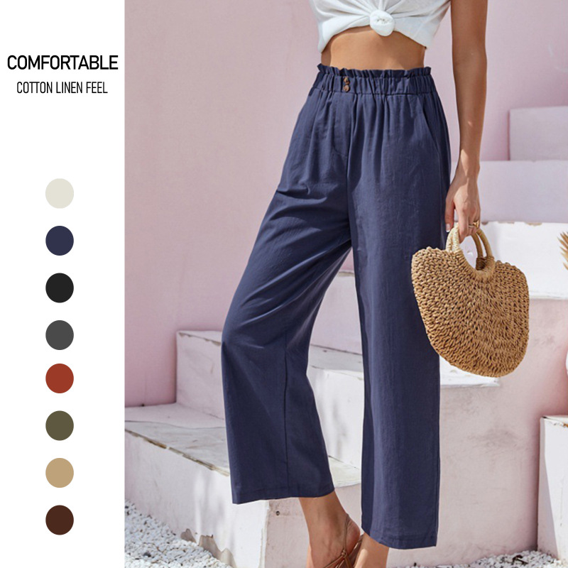 2023 Amazon New European and American Cross-Border Women's Pants High Waist Lotus Leaf Elastic Waist Simple Cotton and Linen Nine-Point Pants Casual Pants 2023 Amazon New European and American Cross-Border Women's Pants High Waist Lotus Leaf Elastic Waist Simple Cotton and Linen Nine-Point Pants Casual Pants