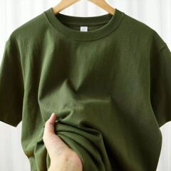メンズミリタリーグリーンTシャツ180g純綿半袖レディースゆったりカジュアル無地右肩出し万能トップスメンズサマーT
