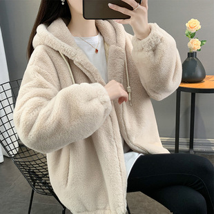 Casual Loose Imitation Rex Rabbit Fur Hooded Cotton Coat Thickeneded Fur Outwear Plush Outwear Women's Winter Cotton Outwear Apricot Color