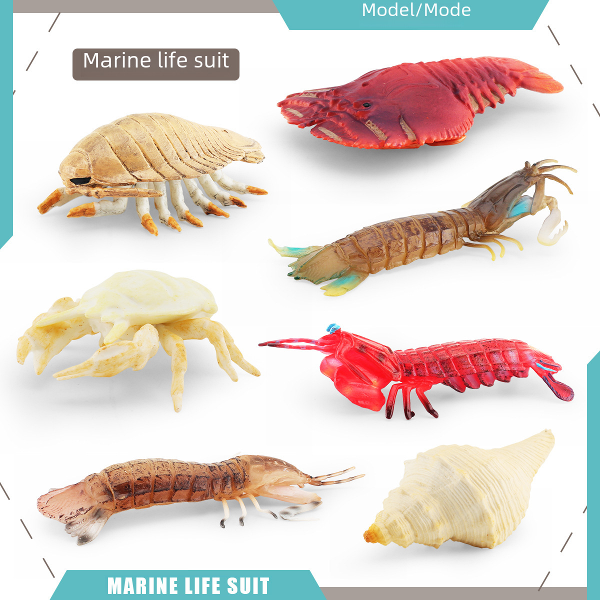 Simulated marine life model, mantis shrimp, pizzaiolo shrimp, snowman crab, snail king, king crab, sea cucumber, underwater animal decoration