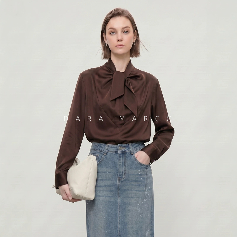 M brand 7k+ French-style ruffled collar tie silk shirt for women, 22 momme satin with a draping effect, elegant silk shirt M brand 7k+ French-style ruffled collar tie silk shirt for women, 22 momme satin with a draping effect, elegant silk shirt