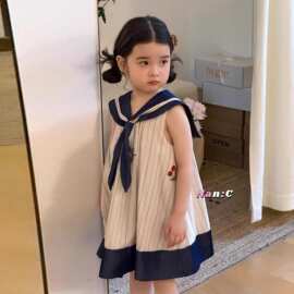 女童樱桃海军领无袖连衣裙夏季学院风条纹水手服软萌可爱休闲童装