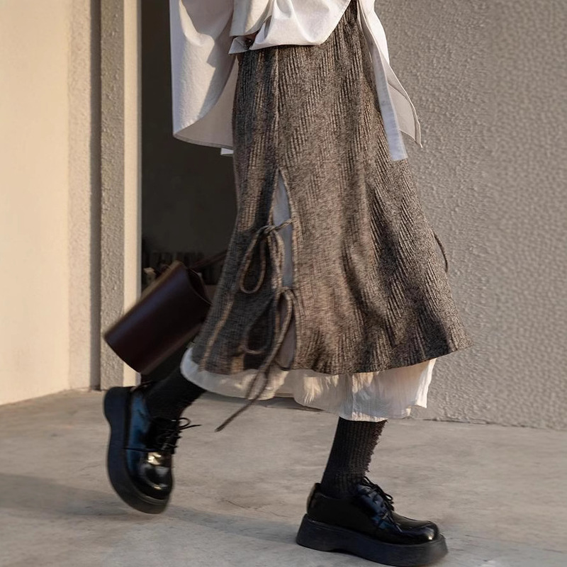 Plaid overskirt woolen brown skirt women's spring and autumn irregular cake skirt long skirt design skirt autumn and winter