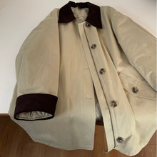 工厂灯芯绒翻领棉服秋冬宽松版撞色丝绒领口袋中长款卡其色风衣女