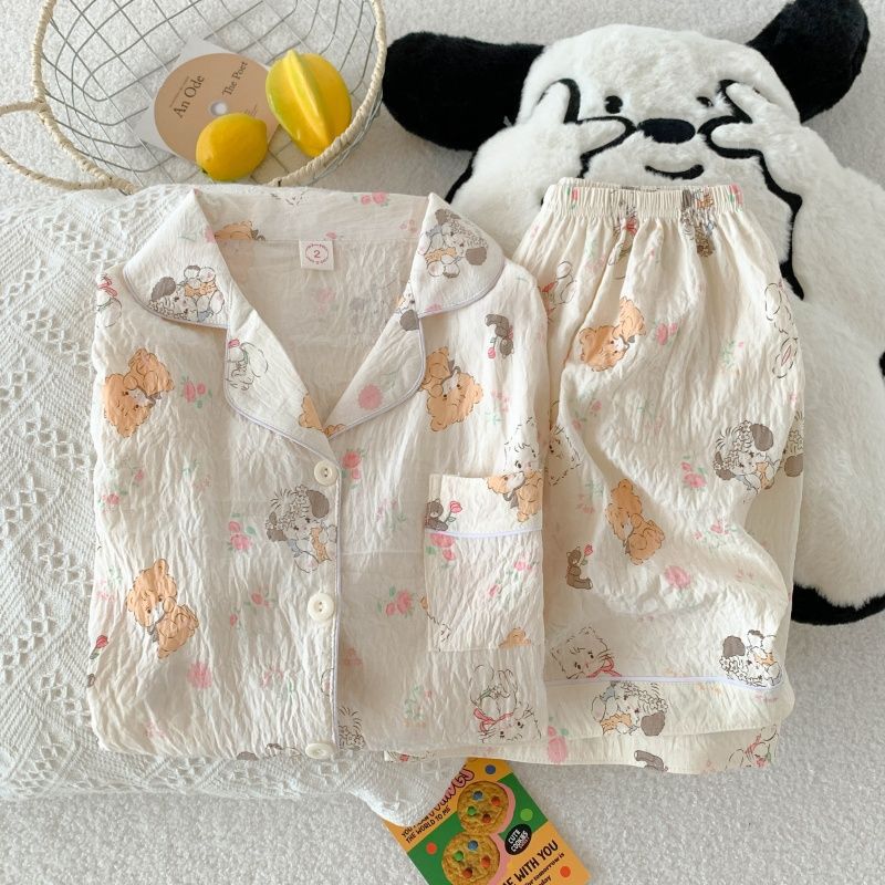 Pijama mujer nube algodón de manga corta pantalones cortos cardigan solapa de verano apertura en vivo dibujos animados transfronterizos dulce traje de servicio a domicilio