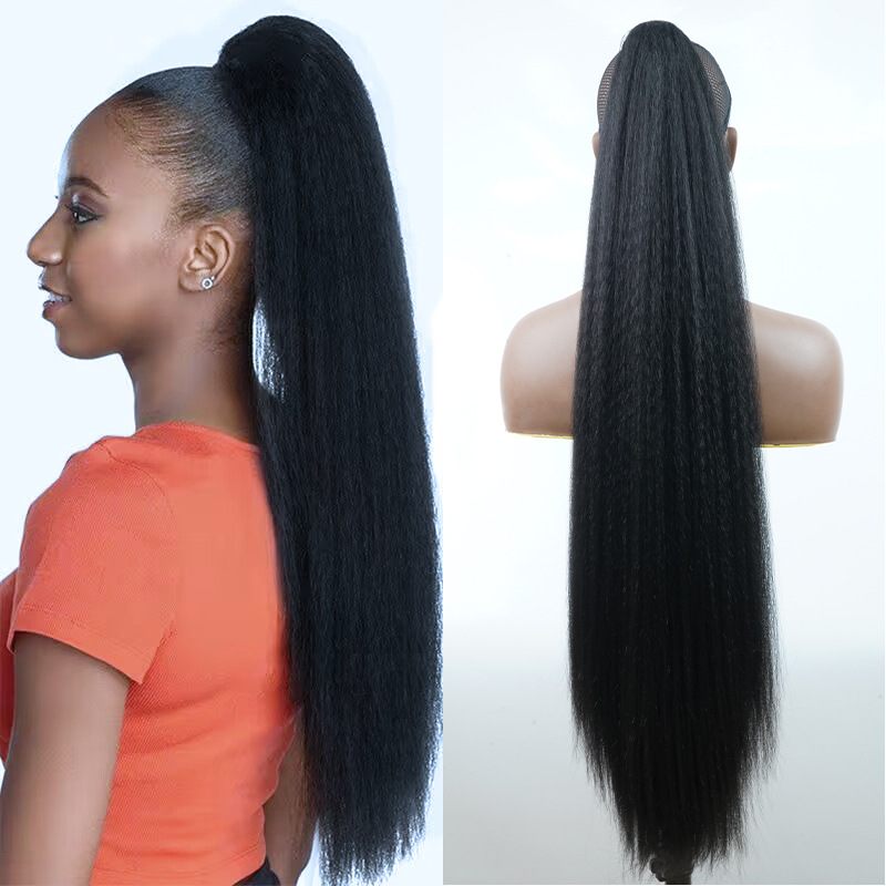 Perruque noire africaine transfrontalière européenne et américaine, 34 pouces, clip yaki droit en fibre chimique, queue de cheval tressée, vente en gros_voghion.com