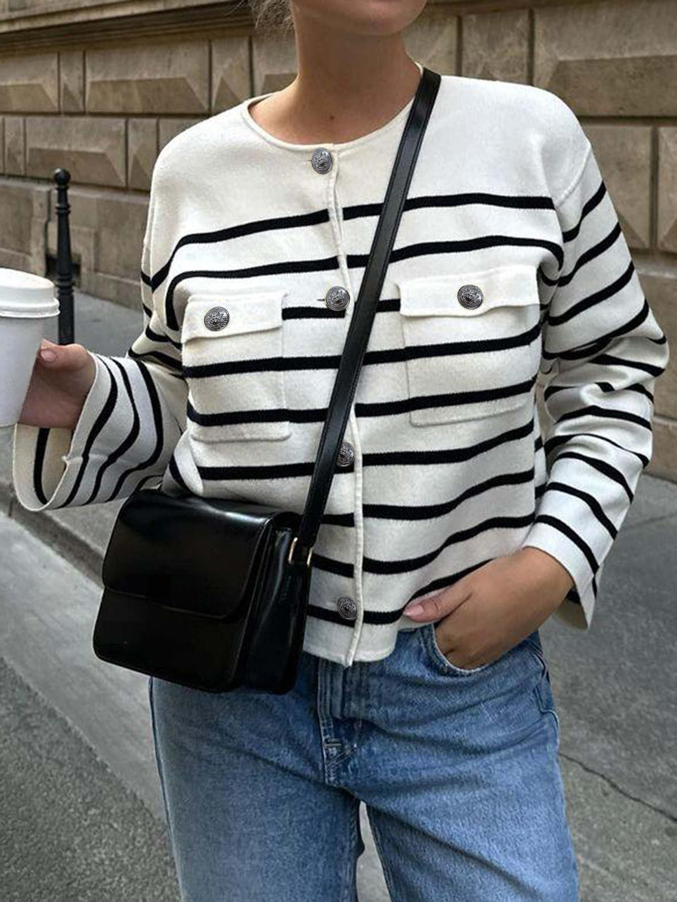 Kaikuo2025 otoño y invierno nuevo estilo transfronterizo Europa y Estados Unidos botón de lana a rayas bolsillo cómodo suéter casual mujer Amazon