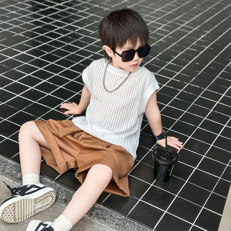 7390 Traje de verano para niños 2025 Nuevo chaleco a rayas sin mangas para niños Verano delgado Versión coreana de dos piezas Verano