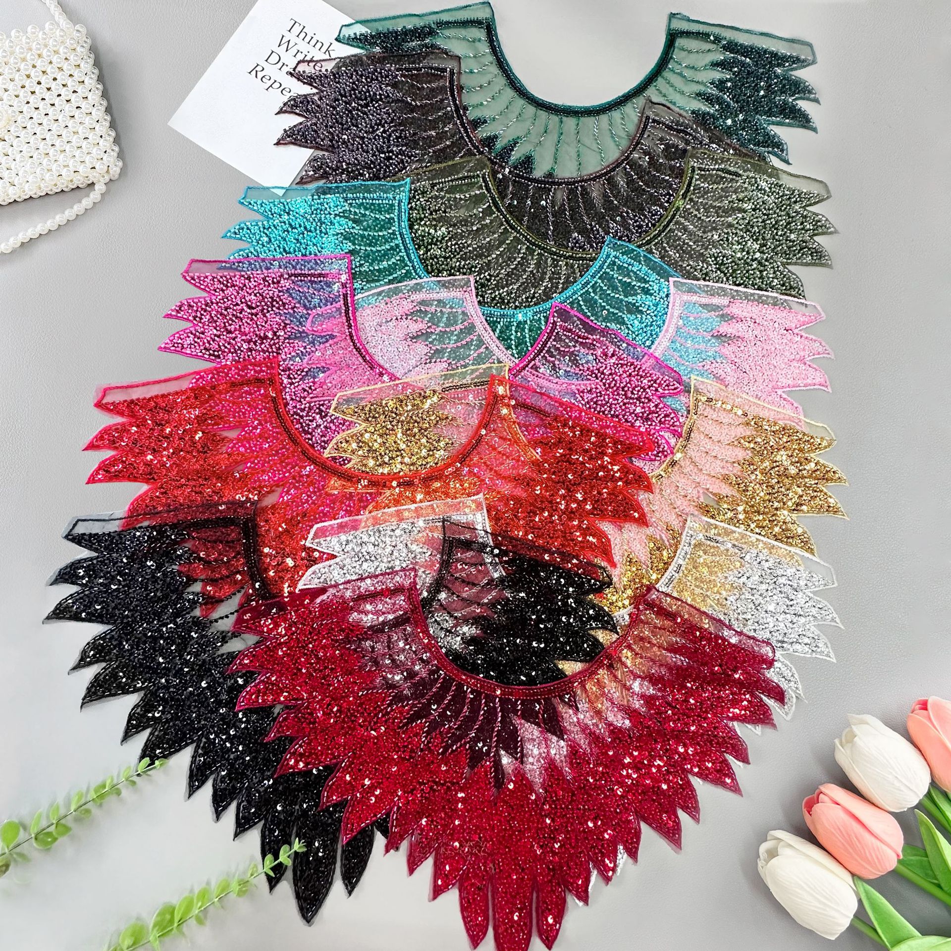 Fabricación pesada bordada malla frontal pecho sequin de perlas bordadas calcomanías vestido de mujer rendimiento vestido accesorios de encaje image 3