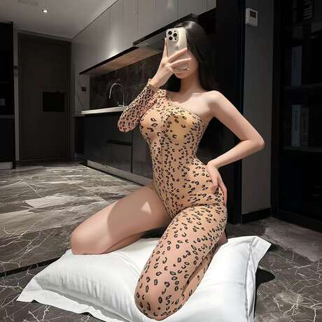 Sexy Lingerie, Leopard Print Mesh Clothing, Black Stockings, Open Crotch, No Need to Take Off, Seductive One-Piece Stockings, Transparent, Passionate Temptation for Women