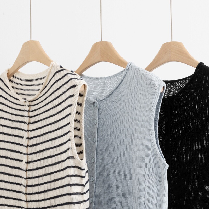 Striped cardigan vest, linen tencel knitwear, new summer style, loose plus size women's clothing, simple, classic, versatile Striped cardigan vest, linen tencel knitwear, new summer style, loose plus size women's clothing, simple, classic, versatile