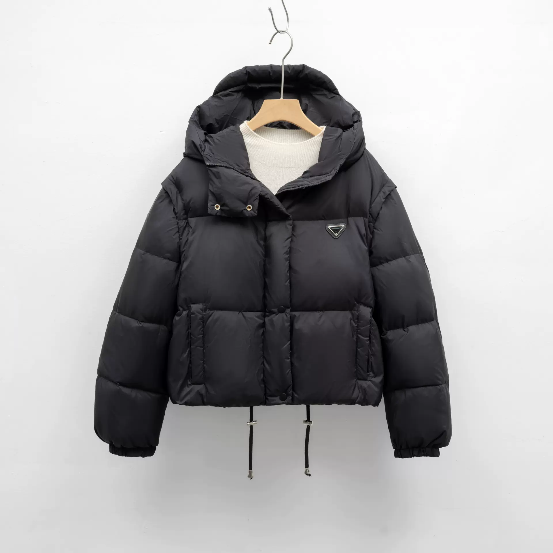 平湖驰新纯色可拆卸袖子羽绒棉服女冬新款设计短款马甲连帽面包服