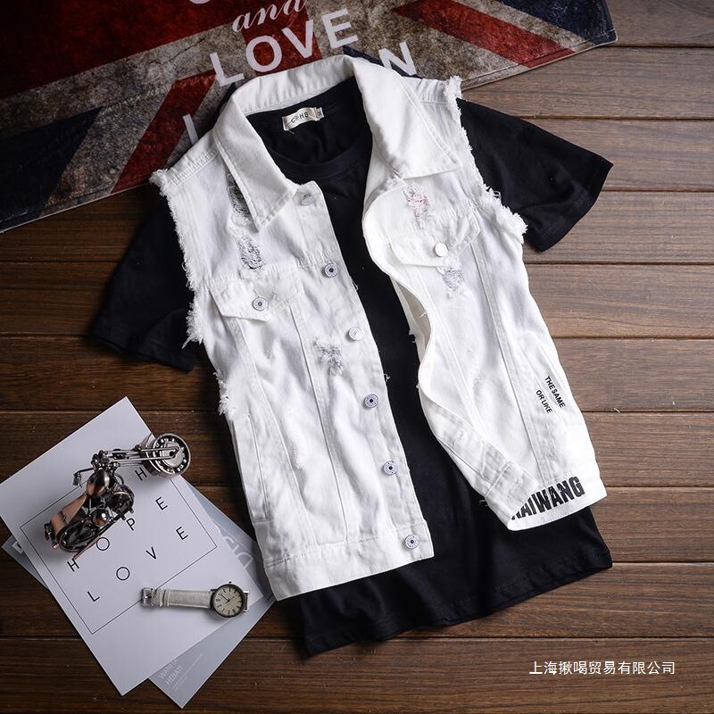 Japanese Retro Ripped Denim Vest Jacket Unisex Slim Fit Printed Ins-Style Vest Trendy Korean Version Vest
