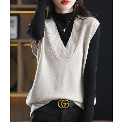 Women's Spring New V-neck Sweater Vest Top Knit Cardigan Wool Yarn Outerwear Solid Color Little Jacket