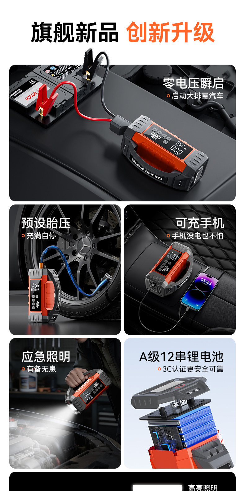 Car-mounted air pump and emergency power supply all-in-one device, portable tire inflator, battery jump starter power bank