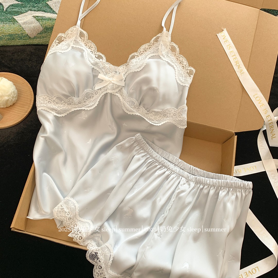 New Ice Silk Suspender Shorts Women's Summer Suit Spring and Autumn Pajamas Cool Thin Comfortable Lace Home Clothes