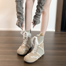 增高8CM~小个子蕾丝边德训马丁靴高帮鞋女款2025秋季新款厚底短靴