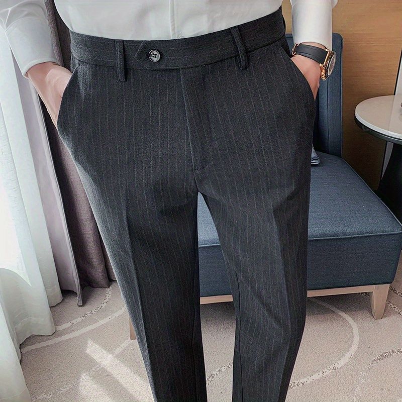 Striped Men's Slim-Fit Trousers for Spring and Autumn, Business Pants, Korean Style Trendy Casual Long Pants, High-End Slim-Fit Suit Pants