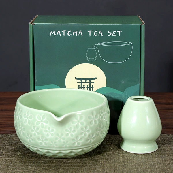 Green embossed matcha bowl + tea set + moon color box